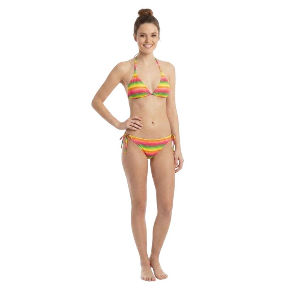 L*Space Lily Striped  Deep V Neckline Full Cut Swim Top Bottom Set, S SRP: $167